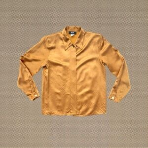 Vintage Pasta Gold Shiny Satin Retro Golden Long Sleeve Button Down Blouse